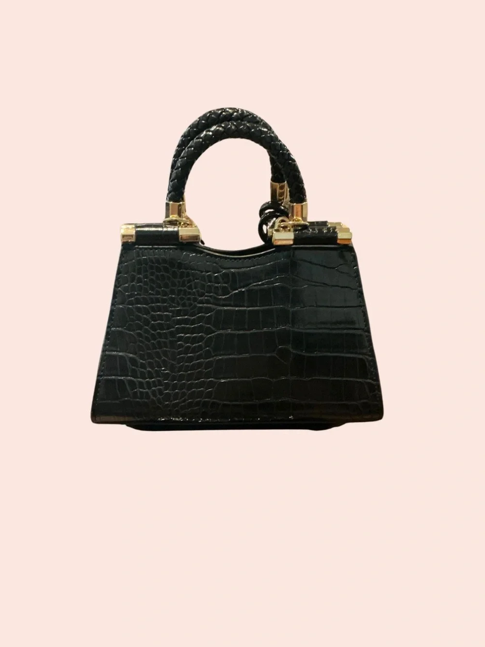 Bebe Black Croc-Embossed Top-Handle Satchel and Gold Plaque